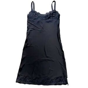 Rebecca Minkoff Black Satin Slip Dress with Lace V-Neck Size Medium Midi Length